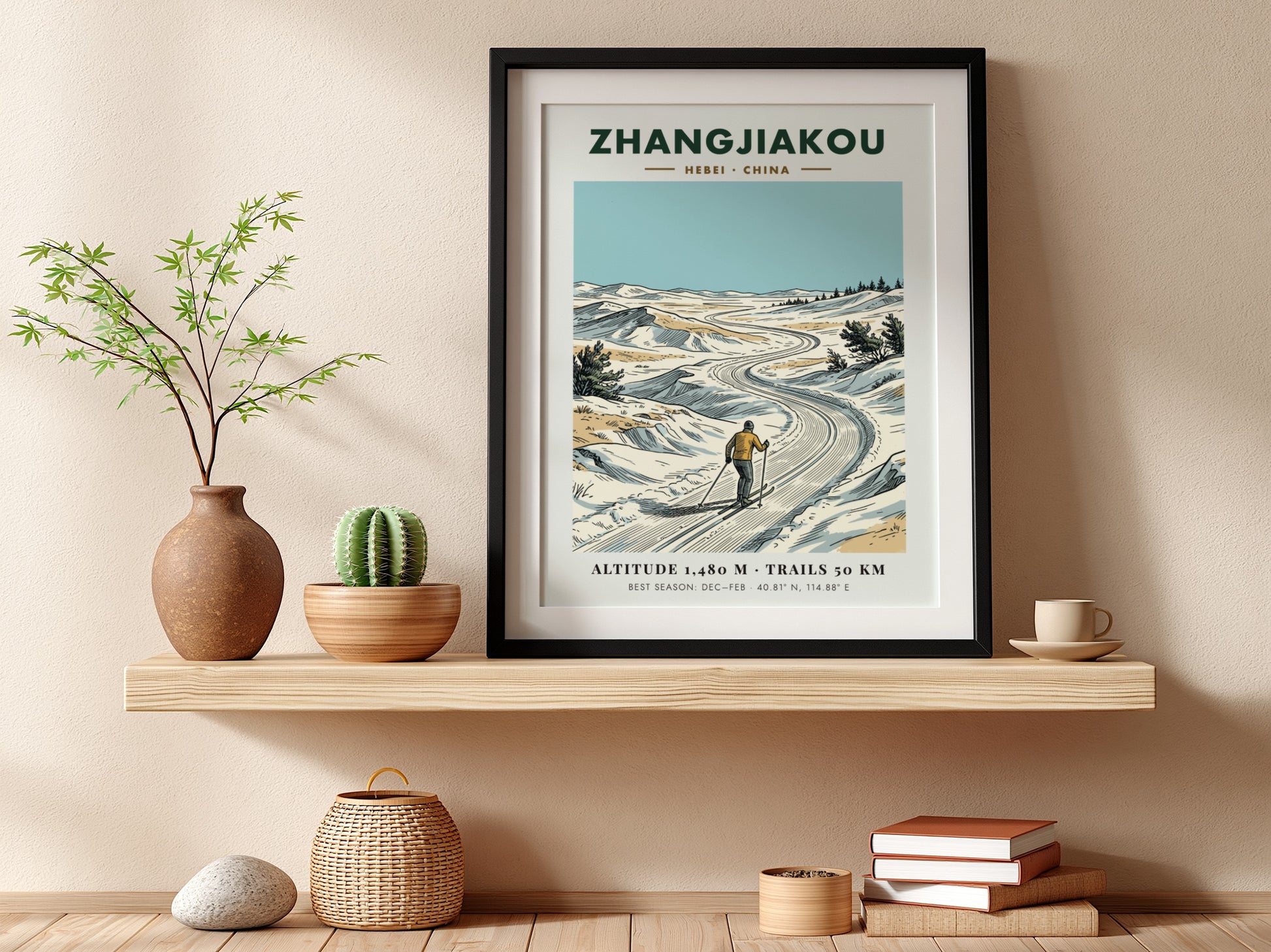 Poster of a skier on a winding snowy trail in Zhangjiakou, Hebei, China.