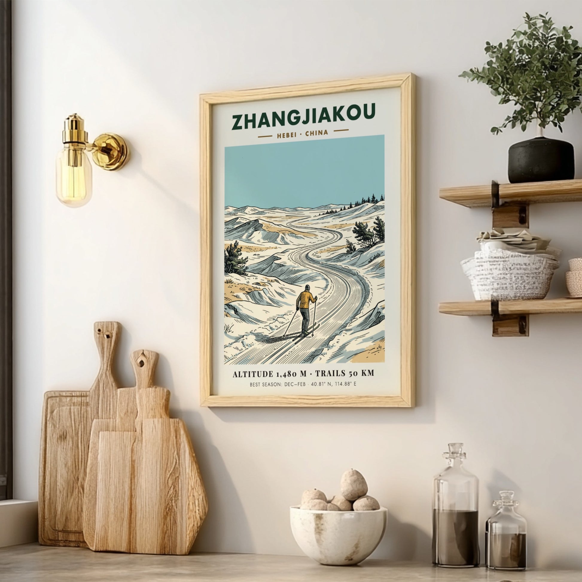 Poster of a skier on a winding snowy trail in Zhangjiakou, Hebei, China.