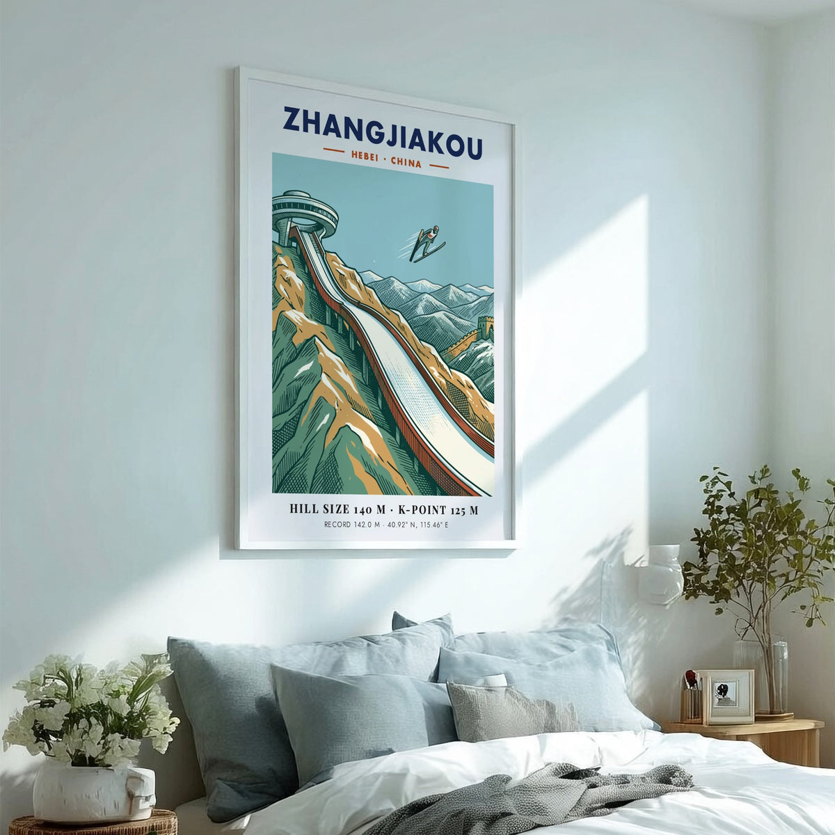 Poster of a ski jumper flying over the Zhangjiakou mountain range and wall.