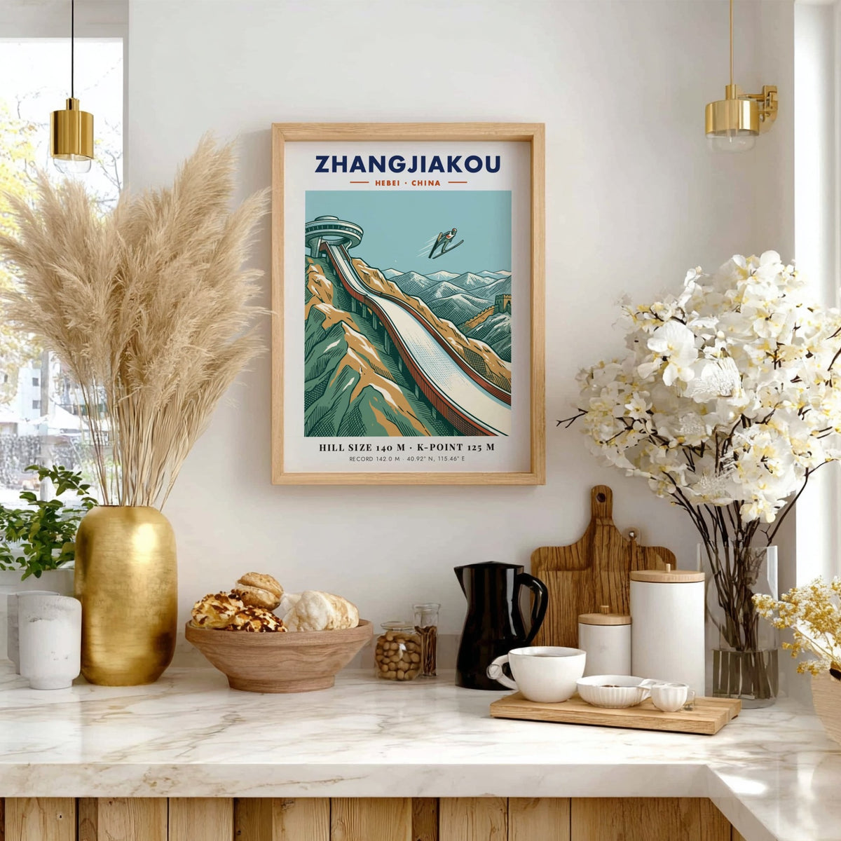 Poster of a ski jumper flying over the Zhangjiakou mountain range and wall.