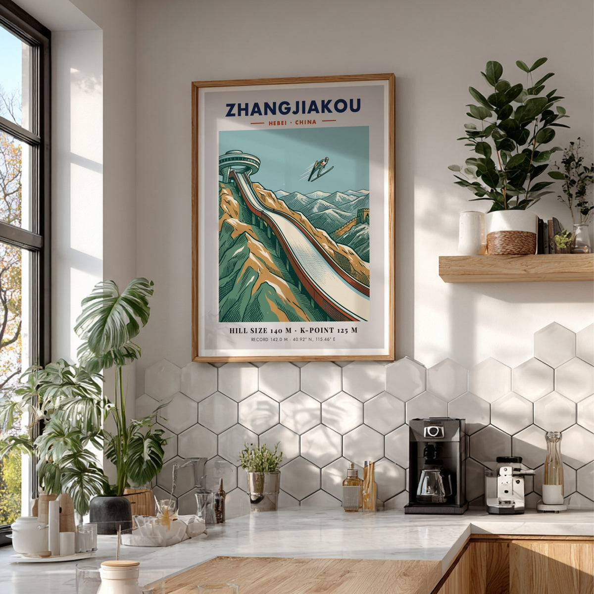 Poster of a ski jumper flying over the Zhangjiakou mountain range and wall.