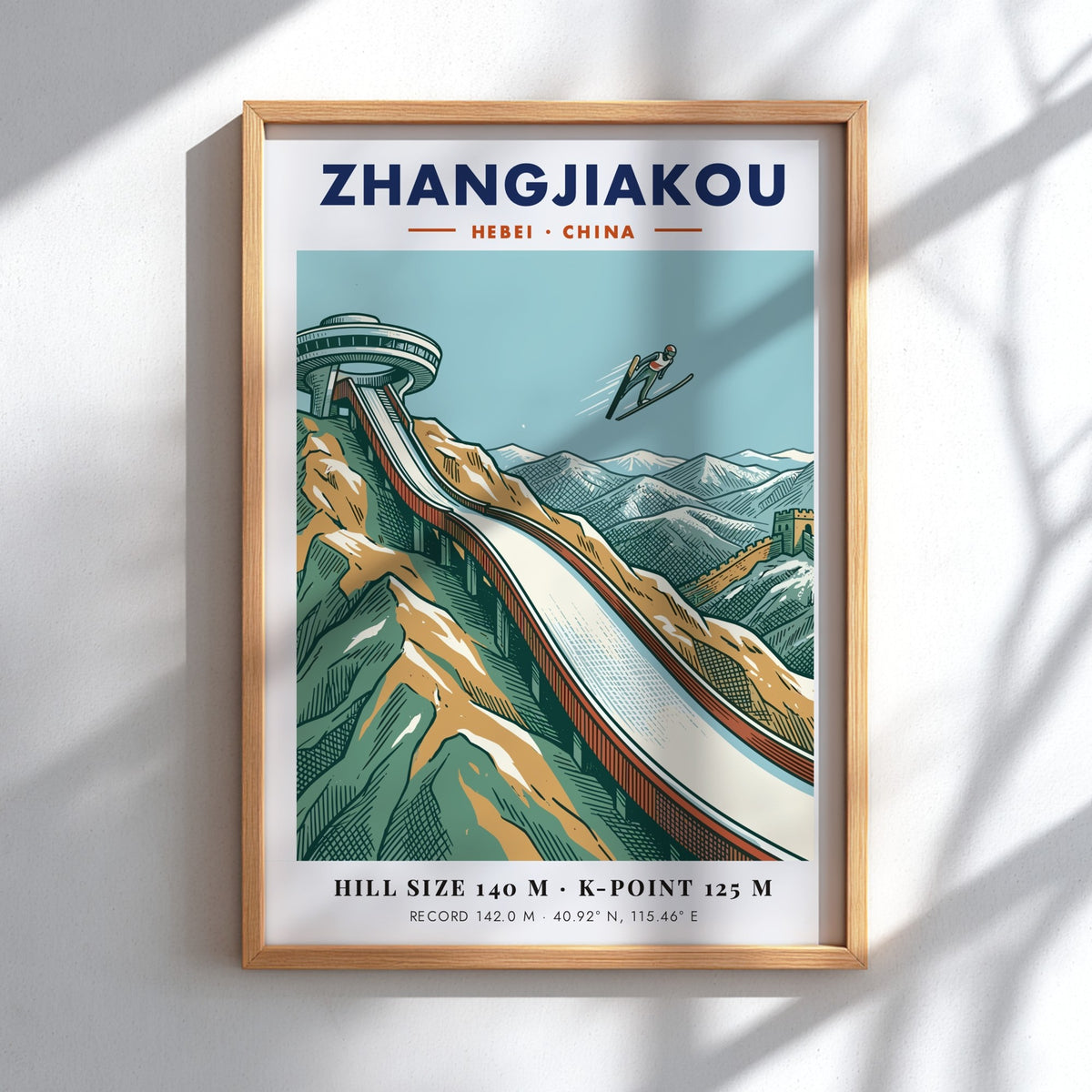 Poster of a ski jumper flying over the Zhangjiakou mountain range and wall.