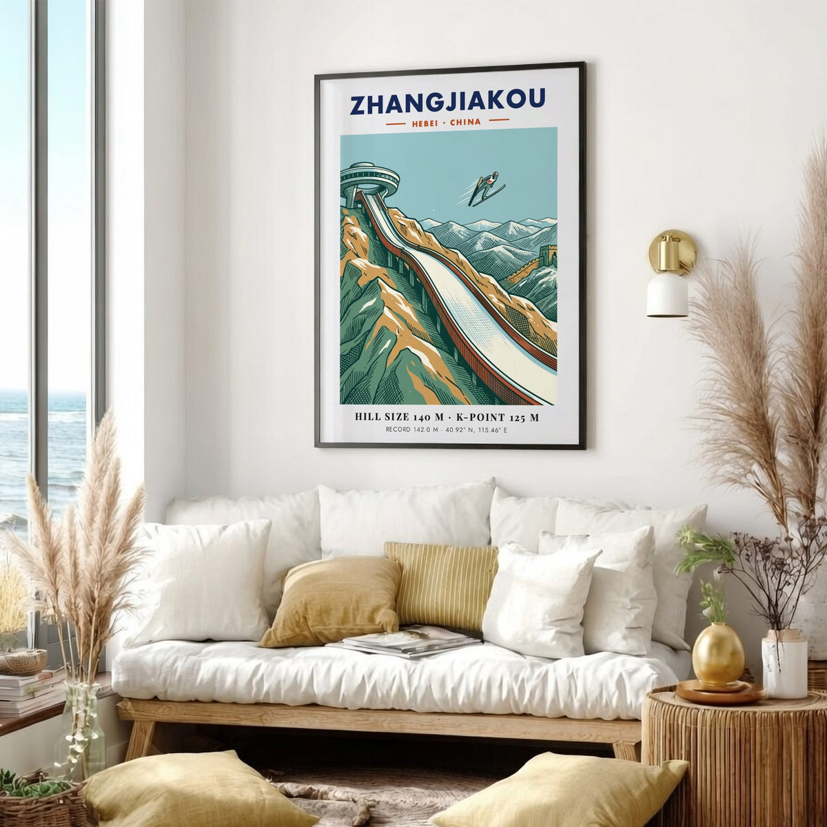 Poster of a ski jumper flying over the Zhangjiakou mountain range and wall.