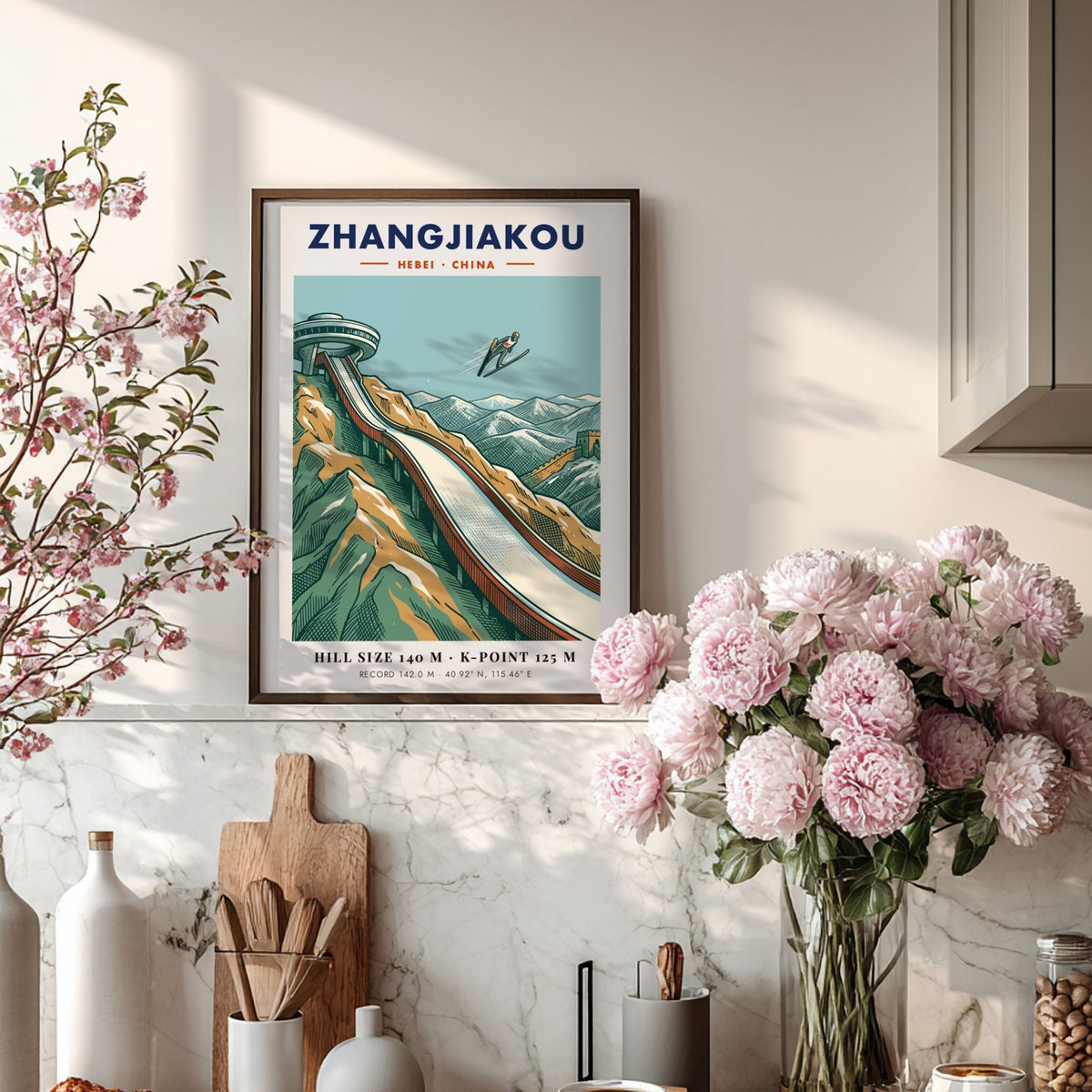 Poster of a ski jumper flying over the Zhangjiakou mountain range and wall.