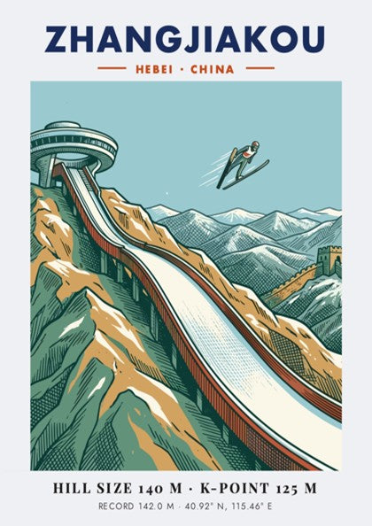 Poster of a ski jumper flying over the Zhangjiakou mountain range and wall.