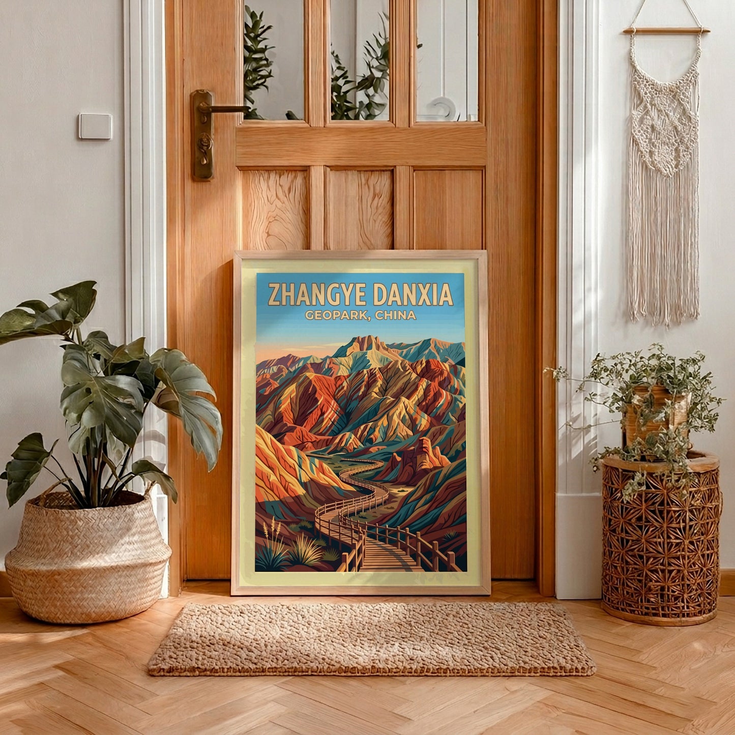 Zhangye Danxia Geopark travel poster featuring striped, colourful mountain ridges and a wooden walkway.