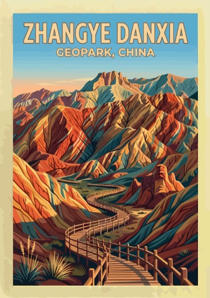 Zhangye Danxia Geopark travel poster featuring striped, colourful mountain ridges and a wooden walkway.