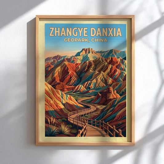 Zhangye Danxia Geopark travel poster featuring striped, colourful mountain ridges and a wooden walkway.