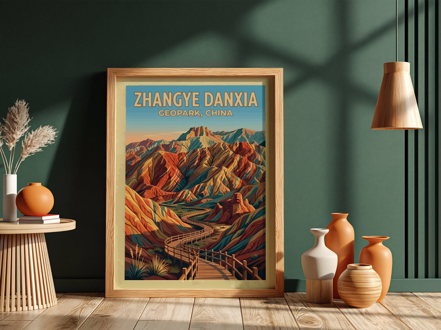 Zhangye Danxia Geopark travel poster featuring striped, colourful mountain ridges and a wooden walkway.