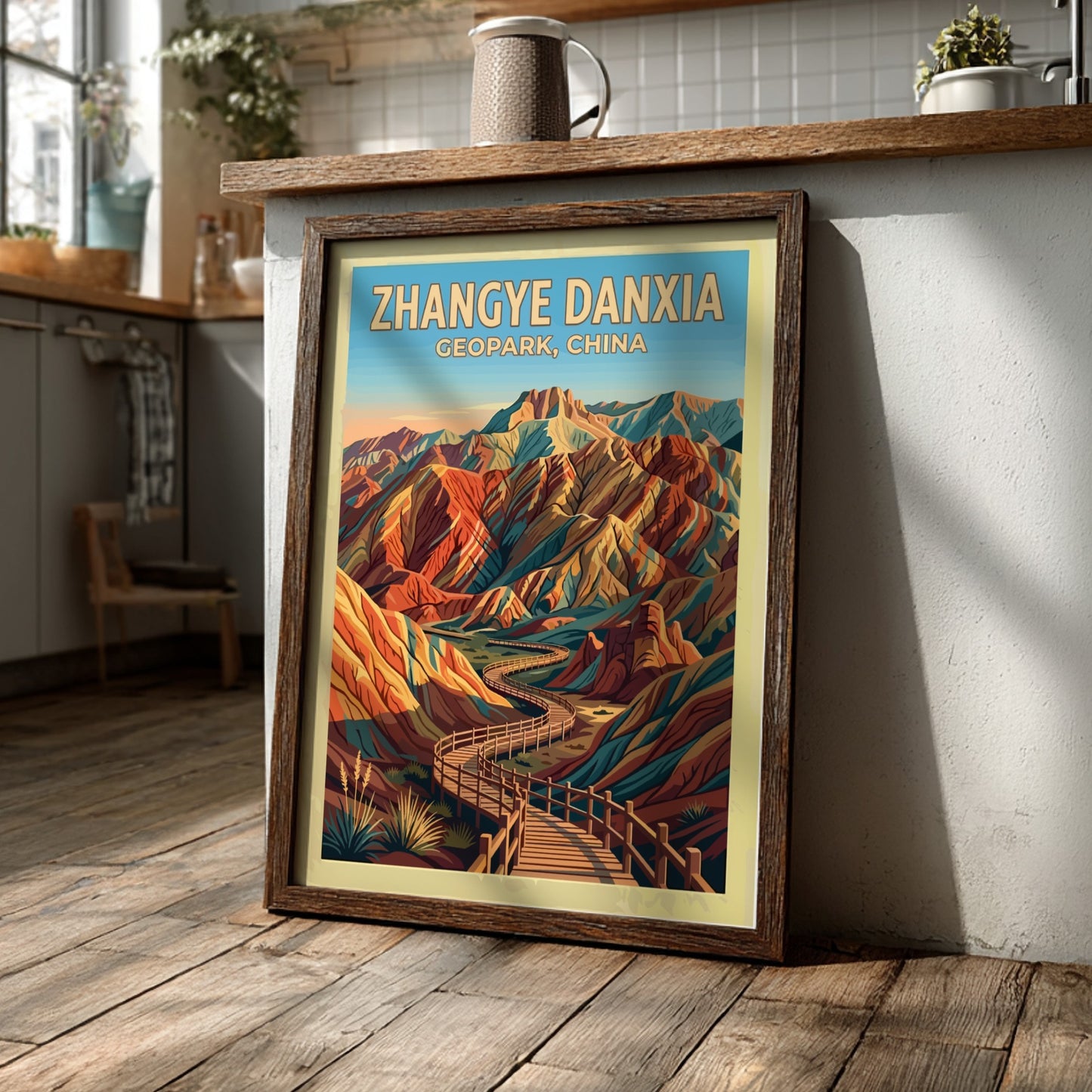 Zhangye Danxia Geopark travel poster featuring striped, colourful mountain ridges and a wooden walkway.