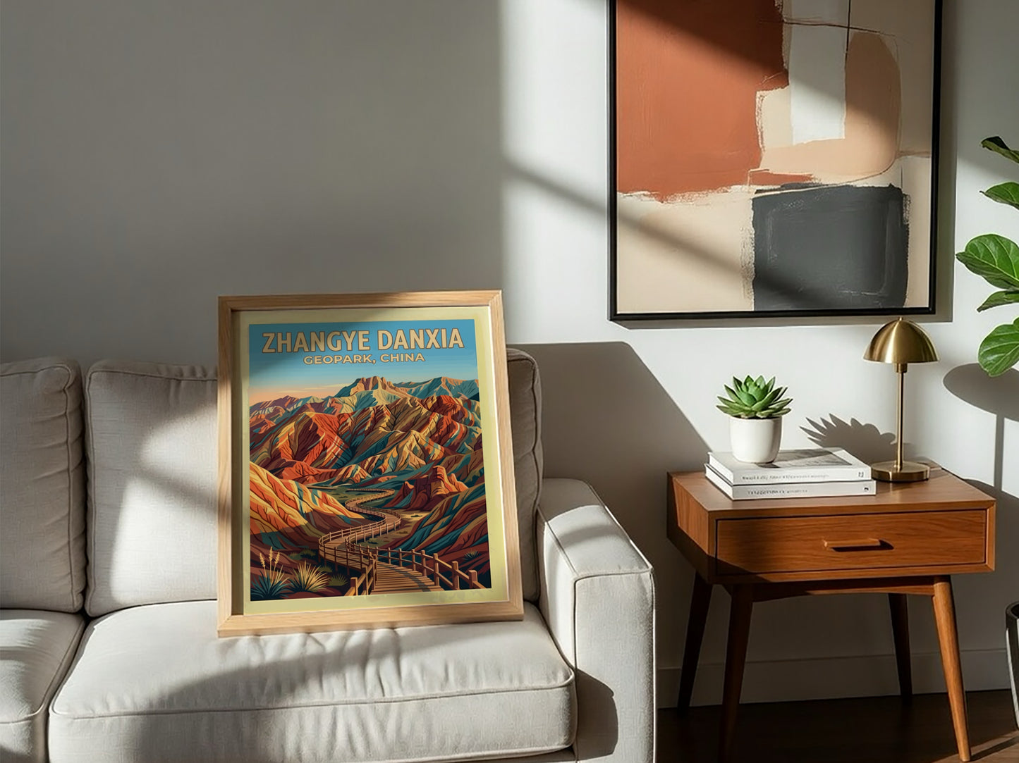 Zhangye Danxia Geopark travel poster featuring striped, colourful mountain ridges and a wooden walkway.