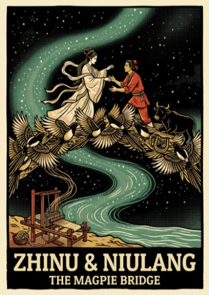 Poster featuring Zhinu and Niulang meeting on a bridge of magpies under stars.