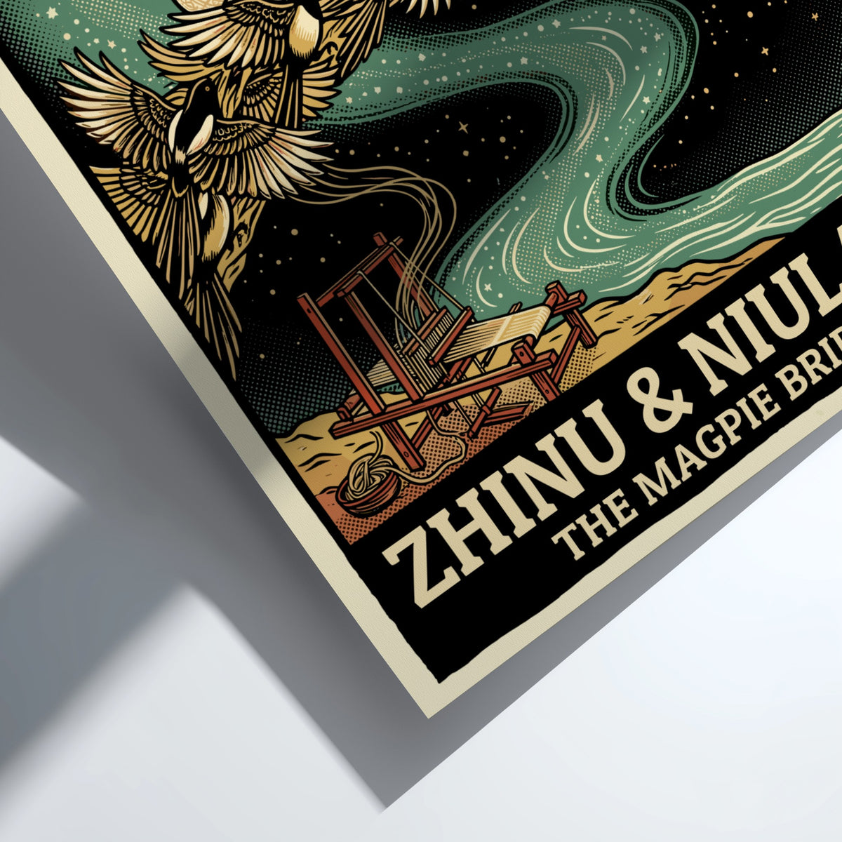 Poster featuring Zhinu and Niulang meeting on a bridge of magpies under stars.