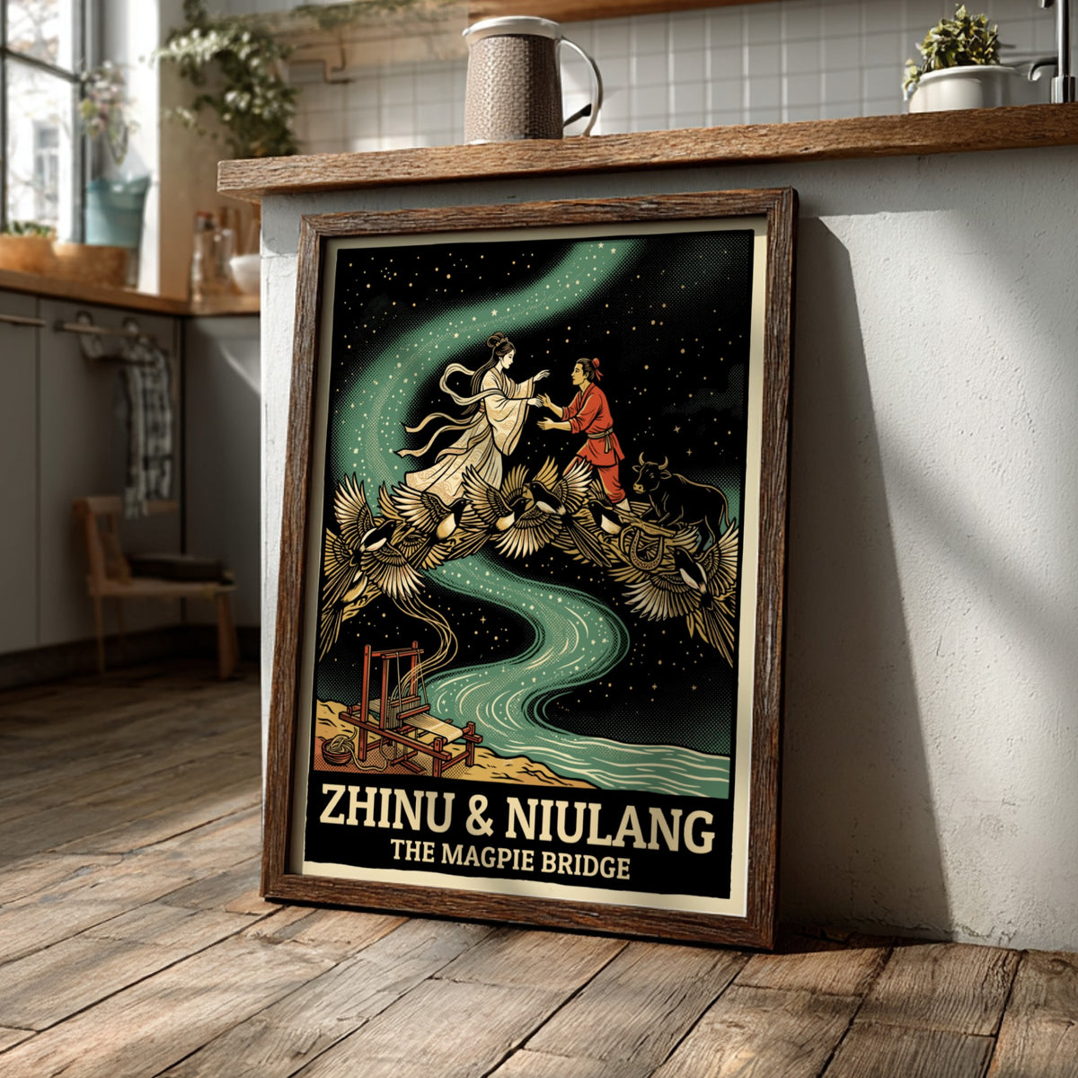 Poster featuring Zhinu and Niulang meeting on a bridge of magpies under stars.