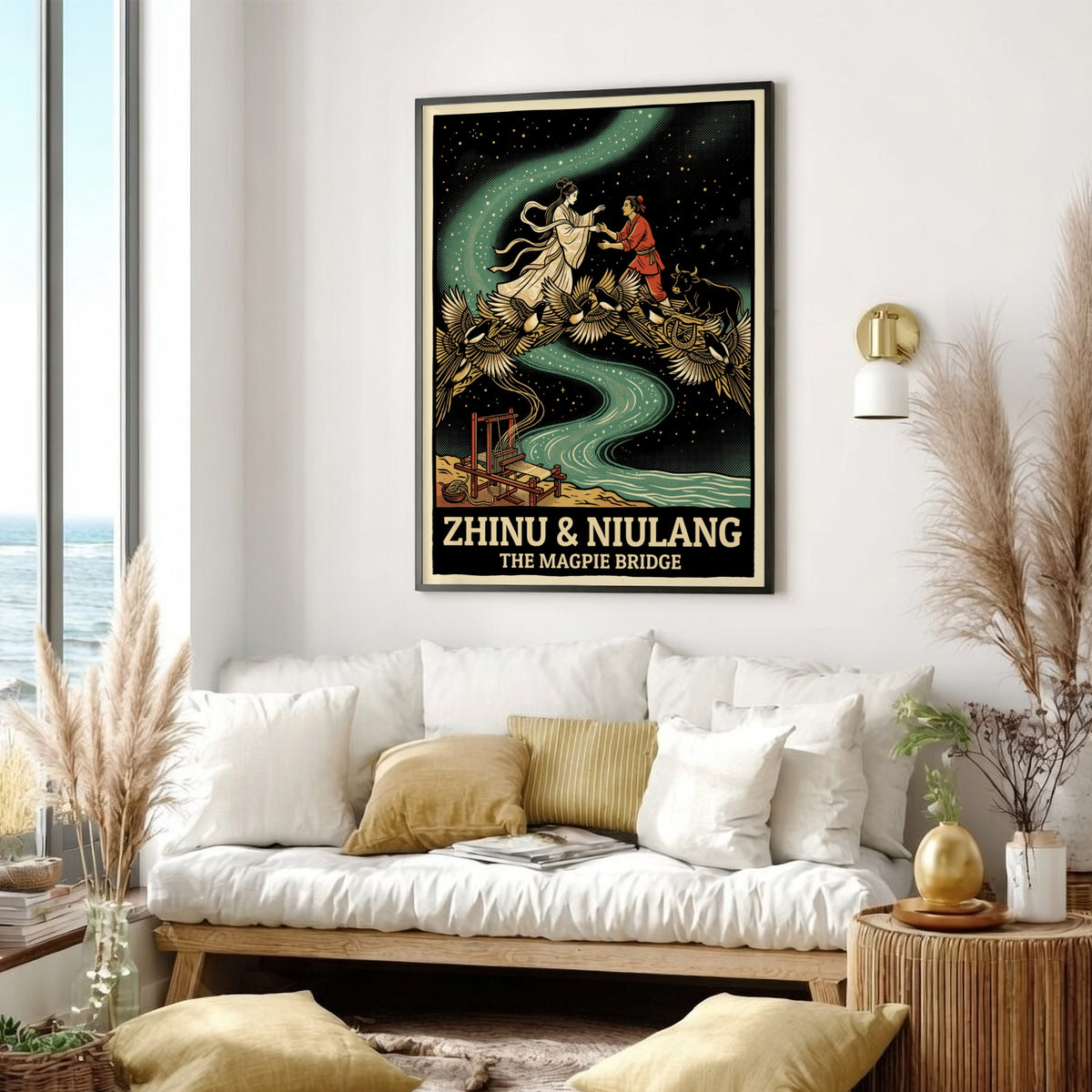 Poster featuring Zhinu and Niulang meeting on a bridge of magpies under stars.
