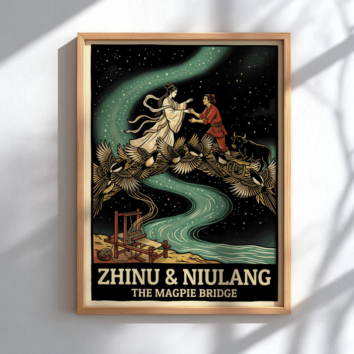 Poster featuring Zhinu and Niulang meeting on a bridge of magpies under stars.