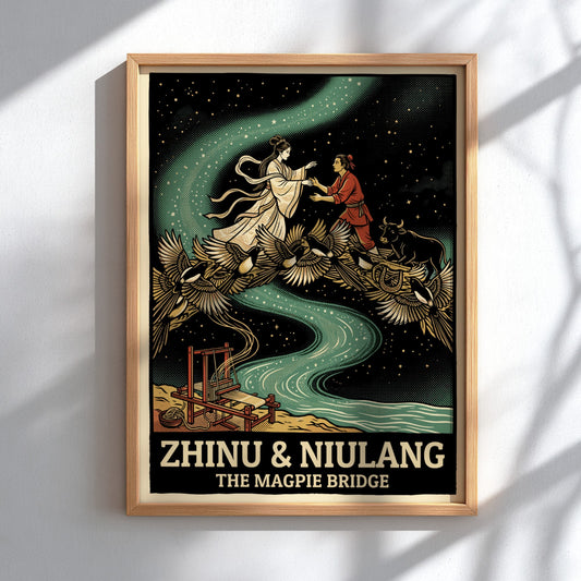 Poster featuring Zhinu and Niulang meeting on a bridge of magpies under stars.