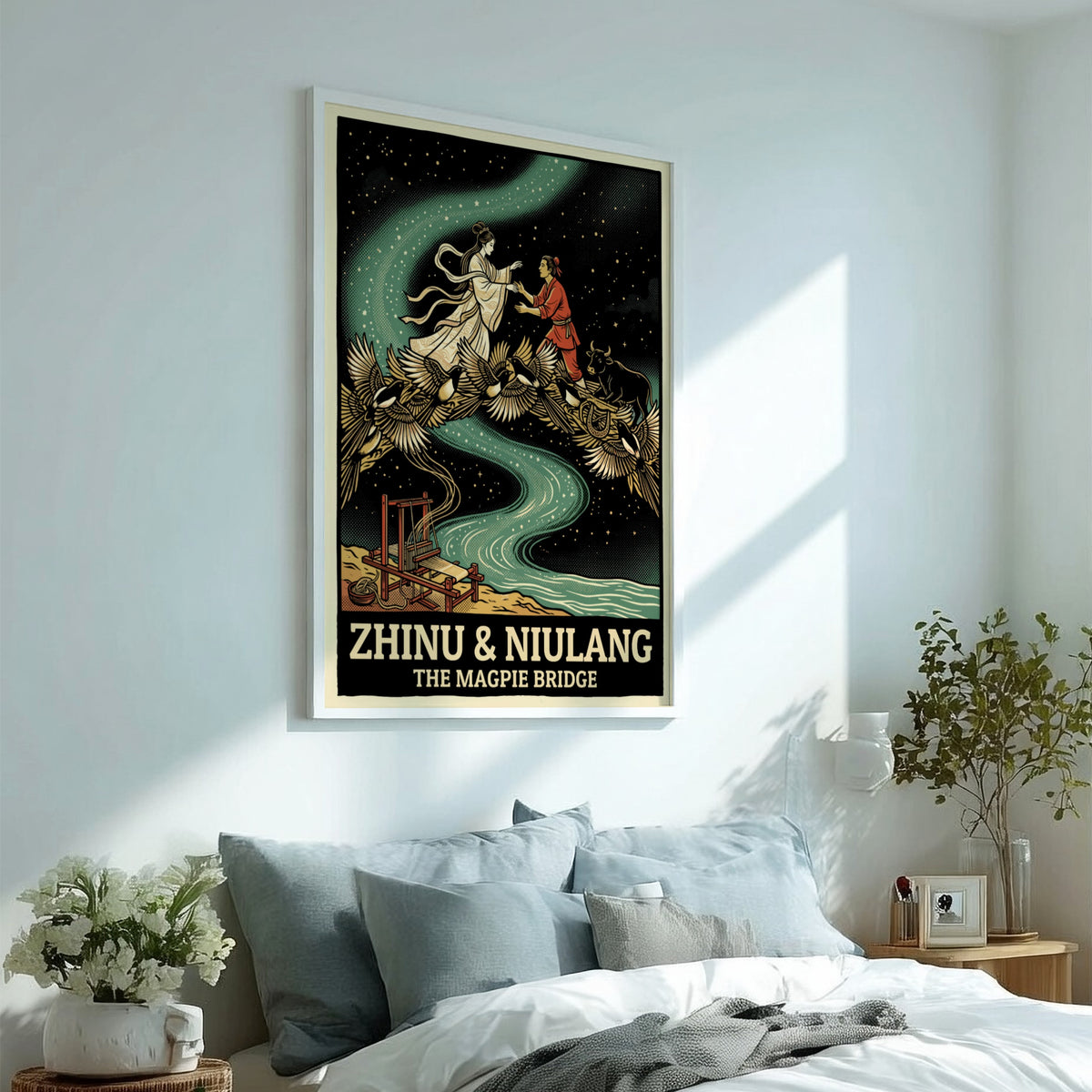 Poster featuring Zhinu and Niulang meeting on a bridge of magpies under stars.