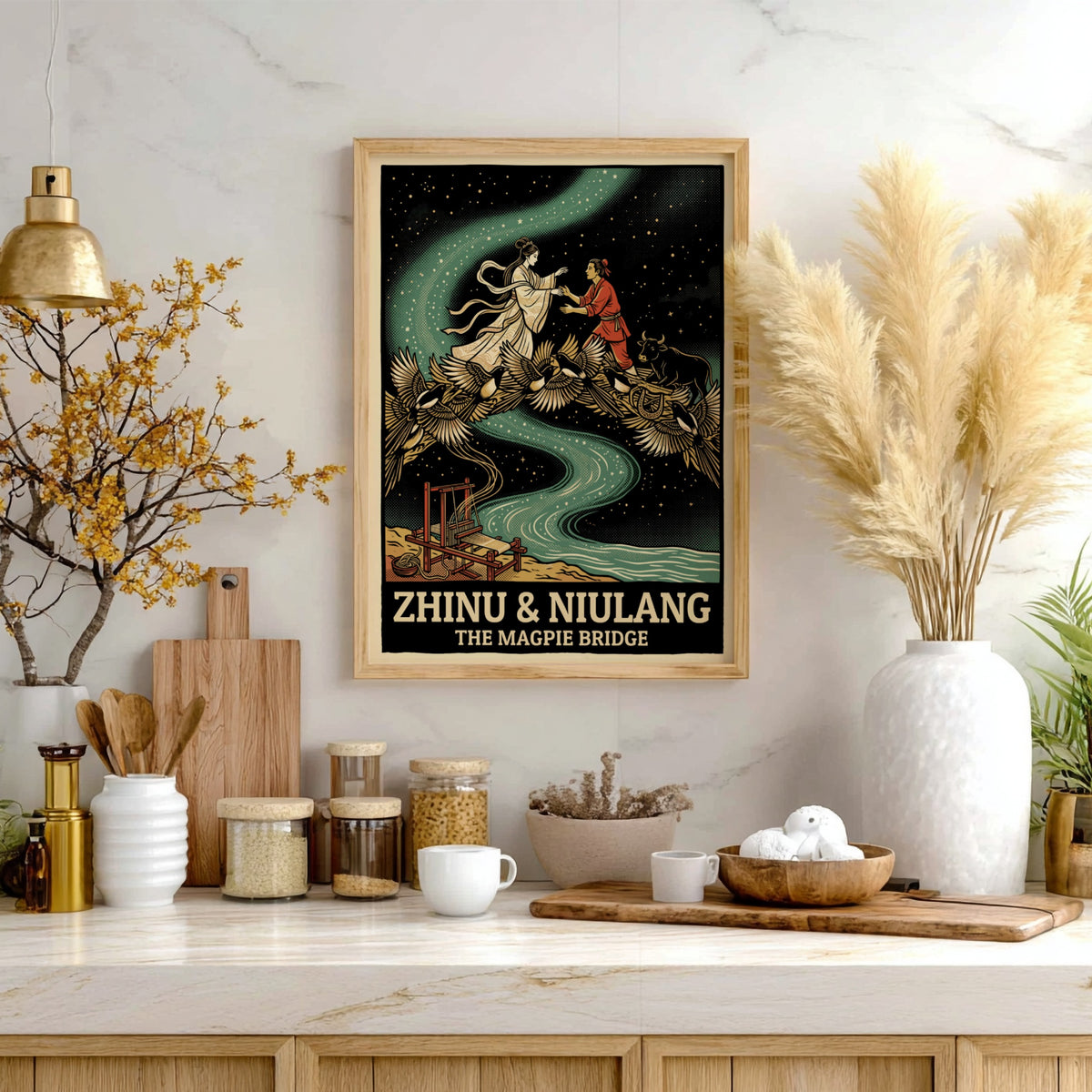 Poster featuring Zhinu and Niulang meeting on a bridge of magpies under stars.