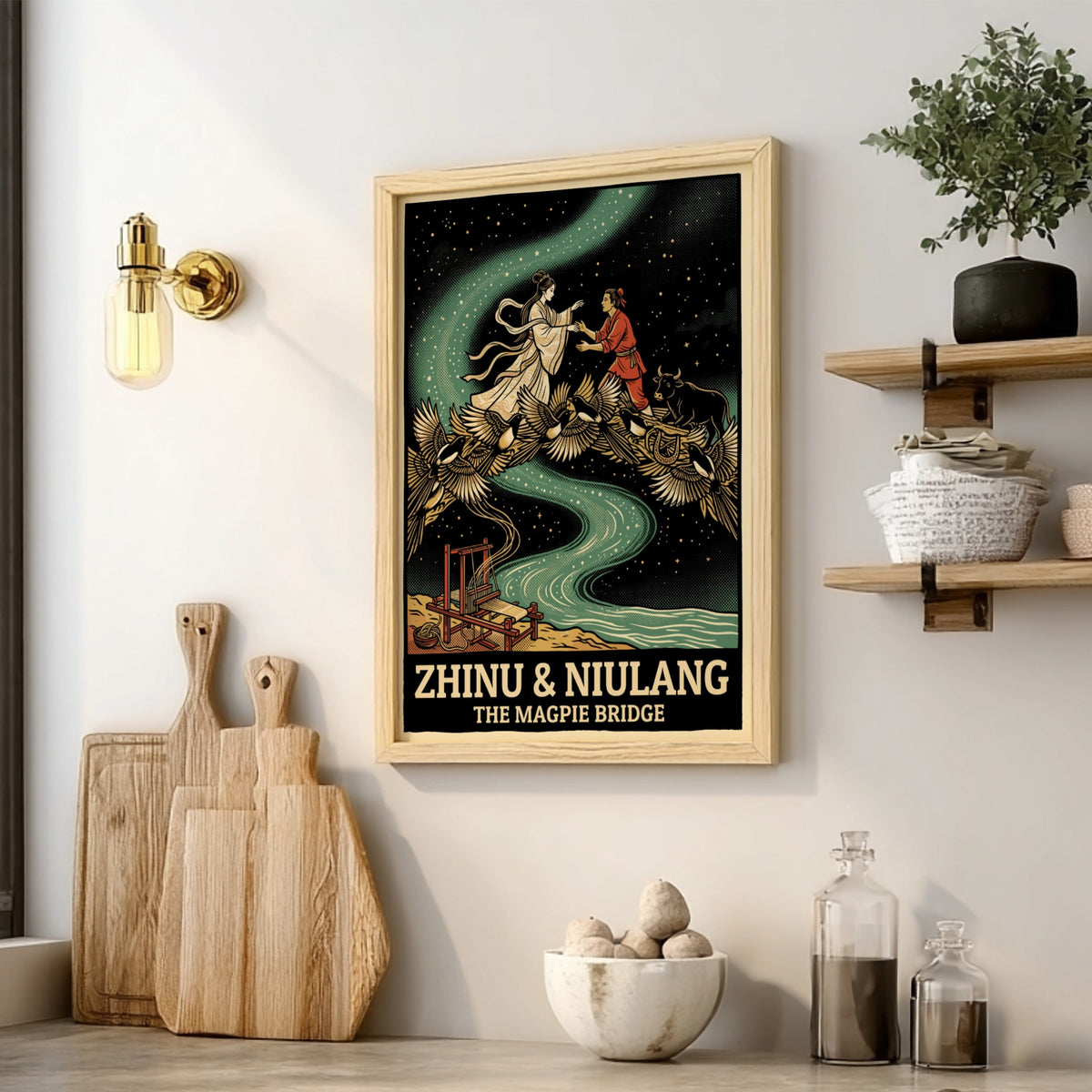 Poster featuring Zhinu and Niulang meeting on a bridge of magpies under stars.