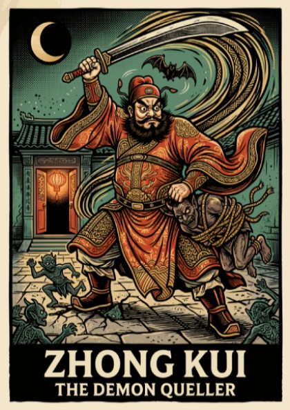Poster featuring Zhong Kui the Demon Queller in red robes with a sword.