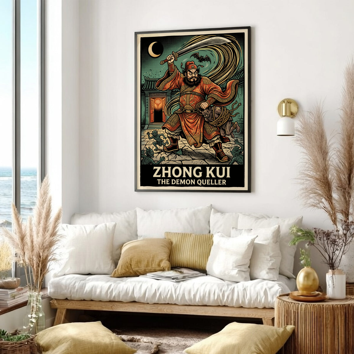 Poster featuring Zhong Kui the Demon Queller in red robes with a sword.