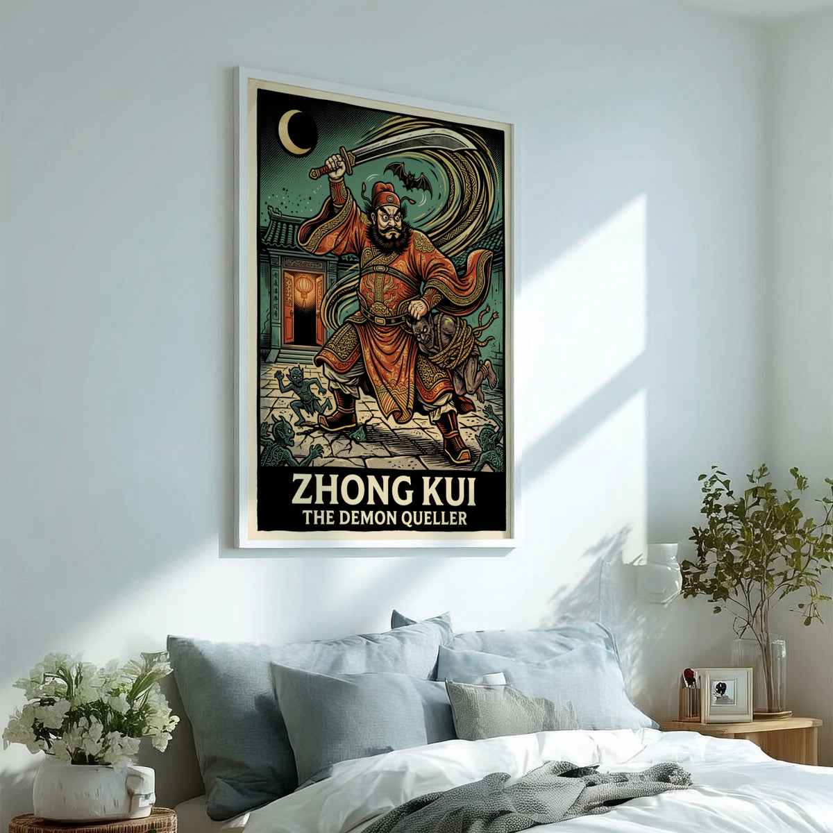 Poster featuring Zhong Kui the Demon Queller in red robes with a sword.