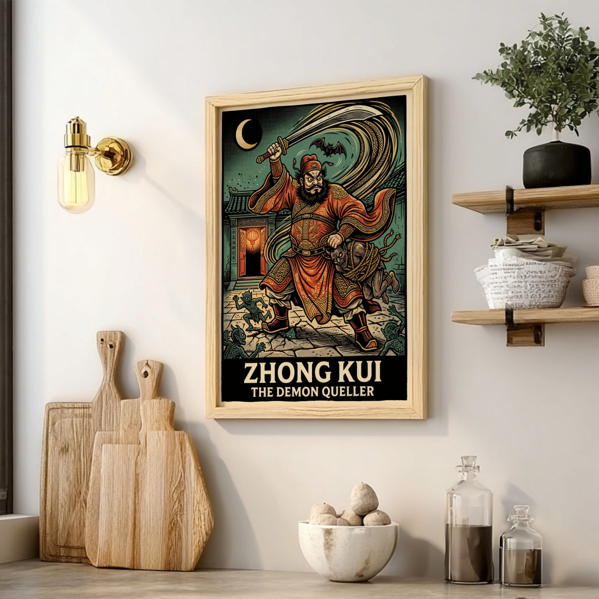 Poster featuring Zhong Kui the Demon Queller in red robes with a sword.