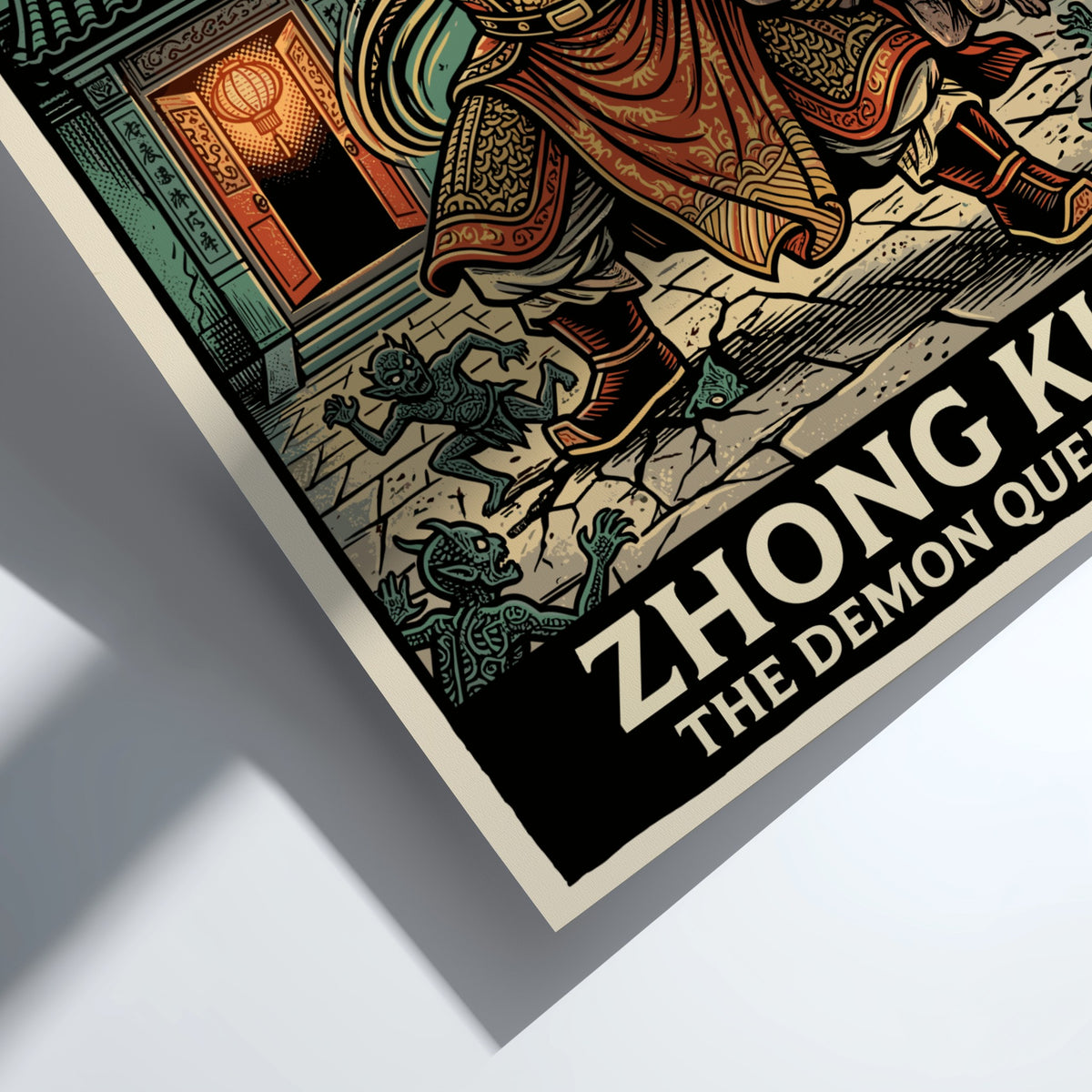 Poster featuring Zhong Kui the Demon Queller in red robes with a sword.