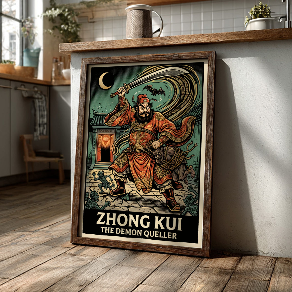 Poster featuring Zhong Kui the Demon Queller in red robes with a sword.