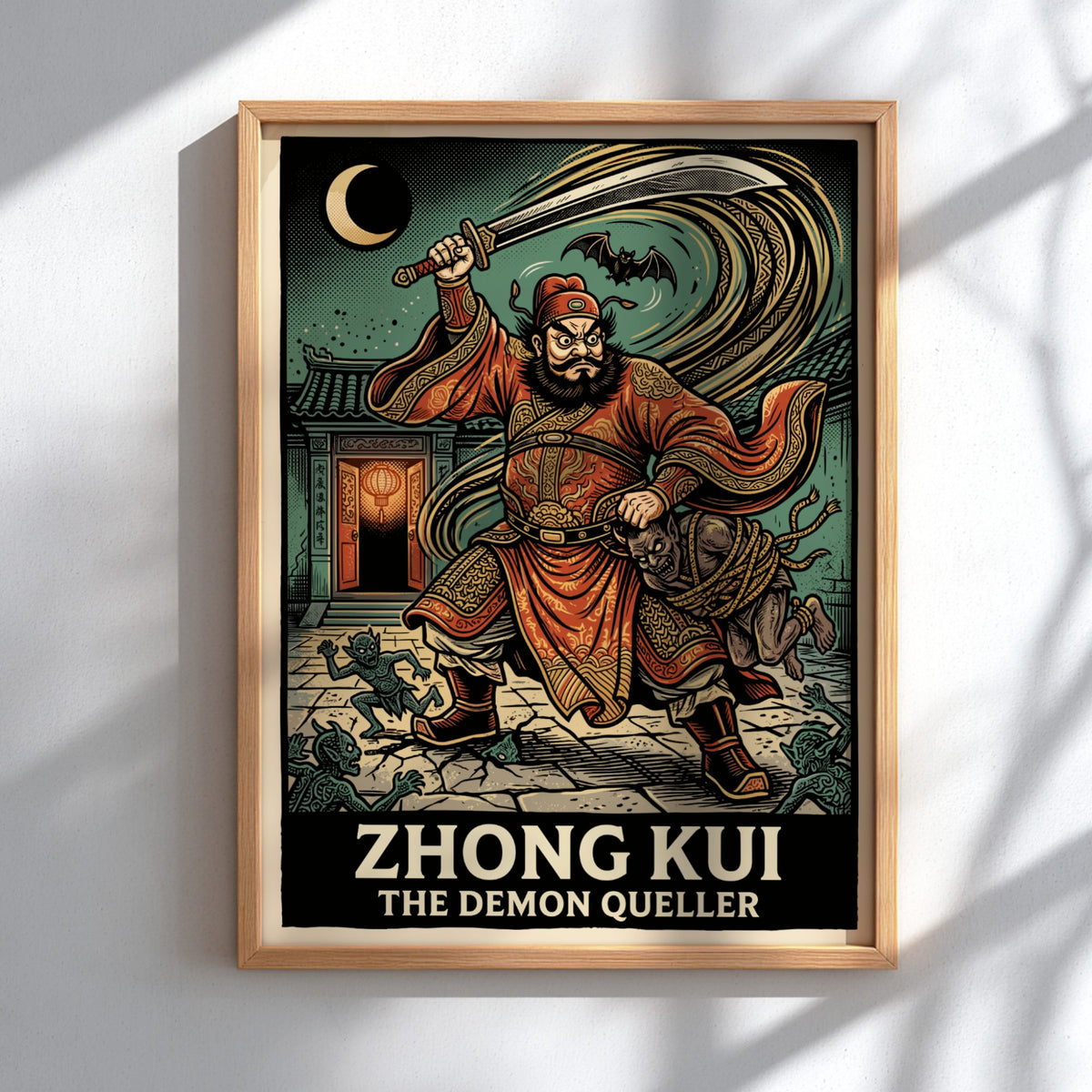 Poster featuring Zhong Kui the Demon Queller in red robes with a sword.