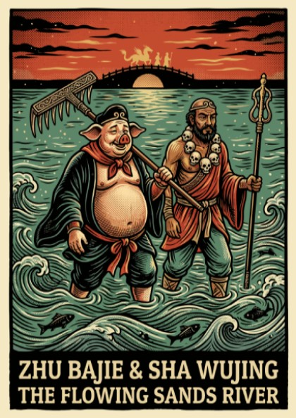 Poster of Zhu Bajie and Sha Wujing walking through the Flowing Sands River.