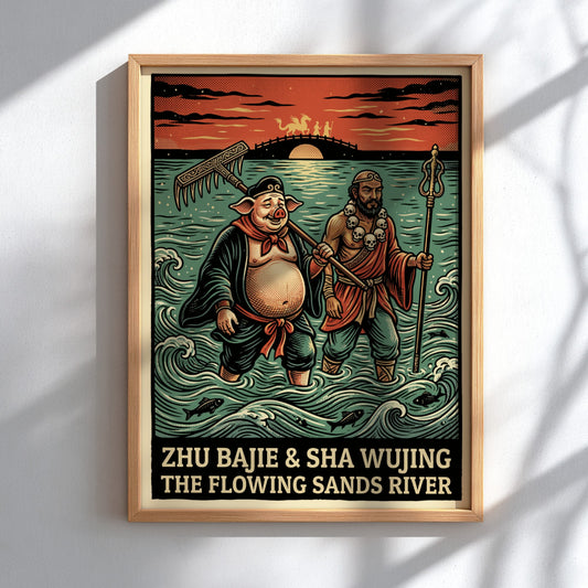 Poster of Zhu Bajie and Sha Wujing walking through the Flowing Sands River.