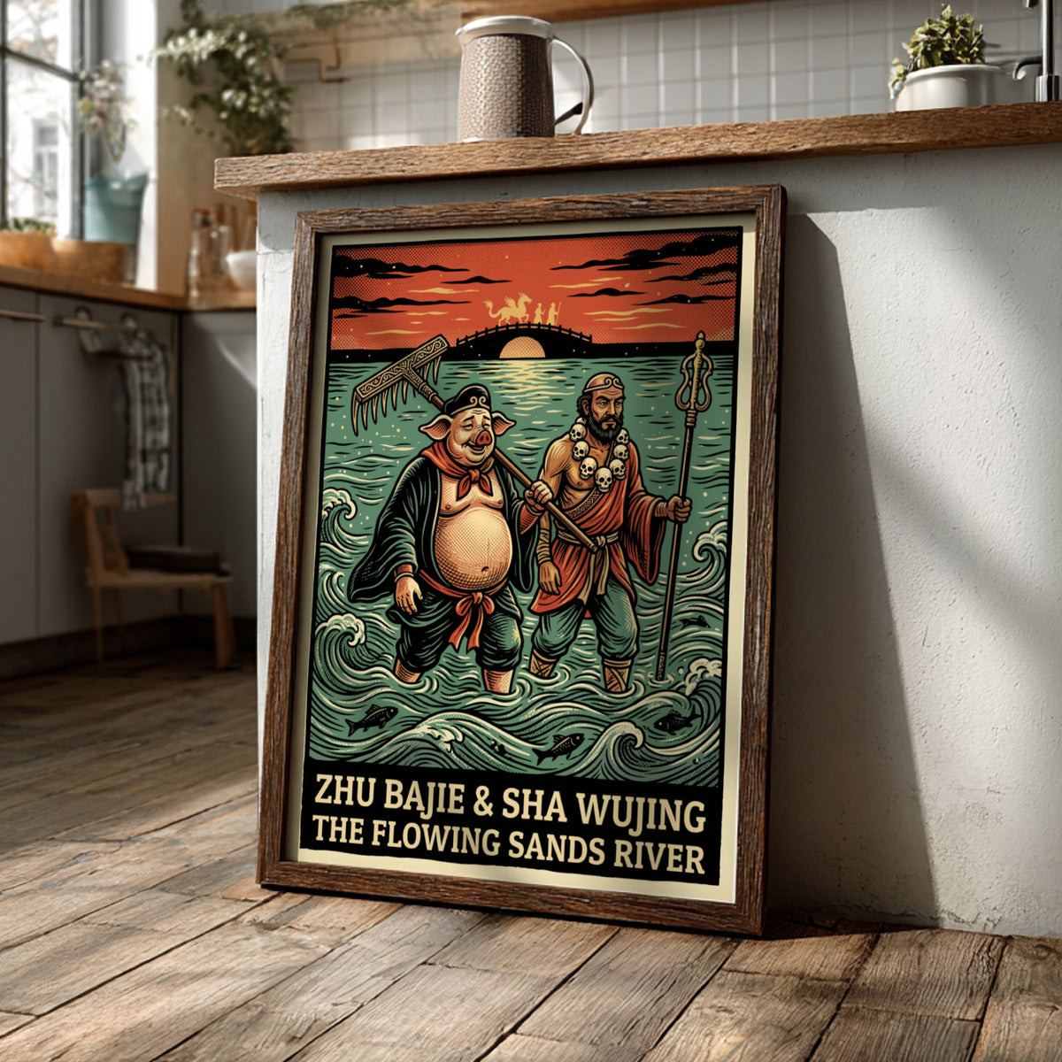 Poster of Zhu Bajie and Sha Wujing walking through the Flowing Sands River.