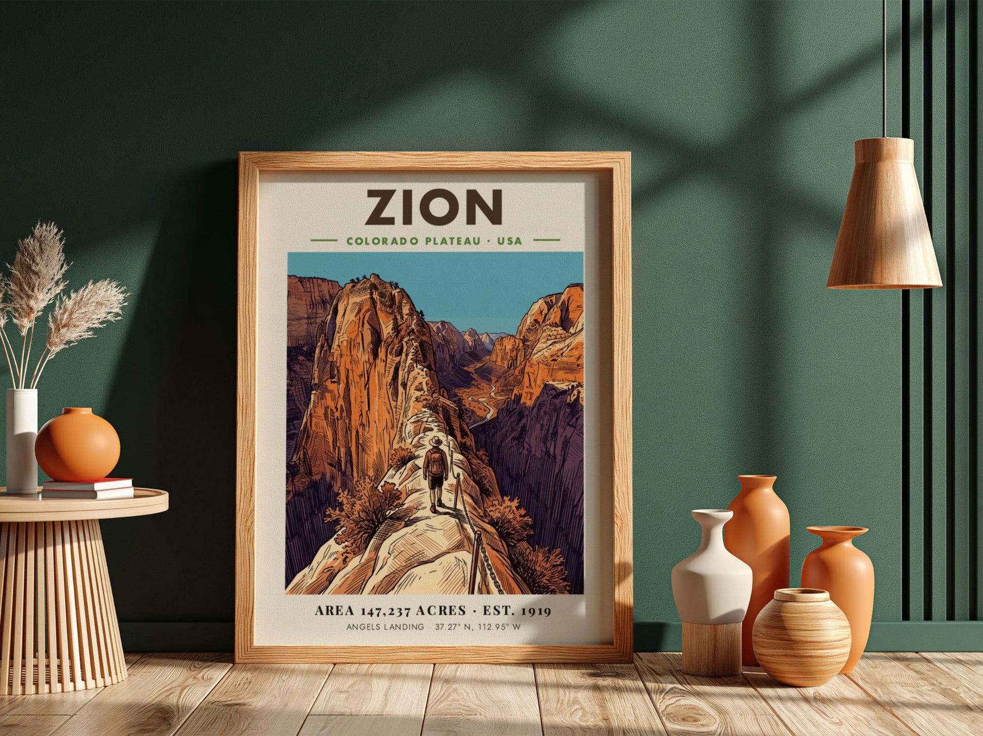 Zion National Park poster showing a hiker on the steep, chained Angels Landing trail.