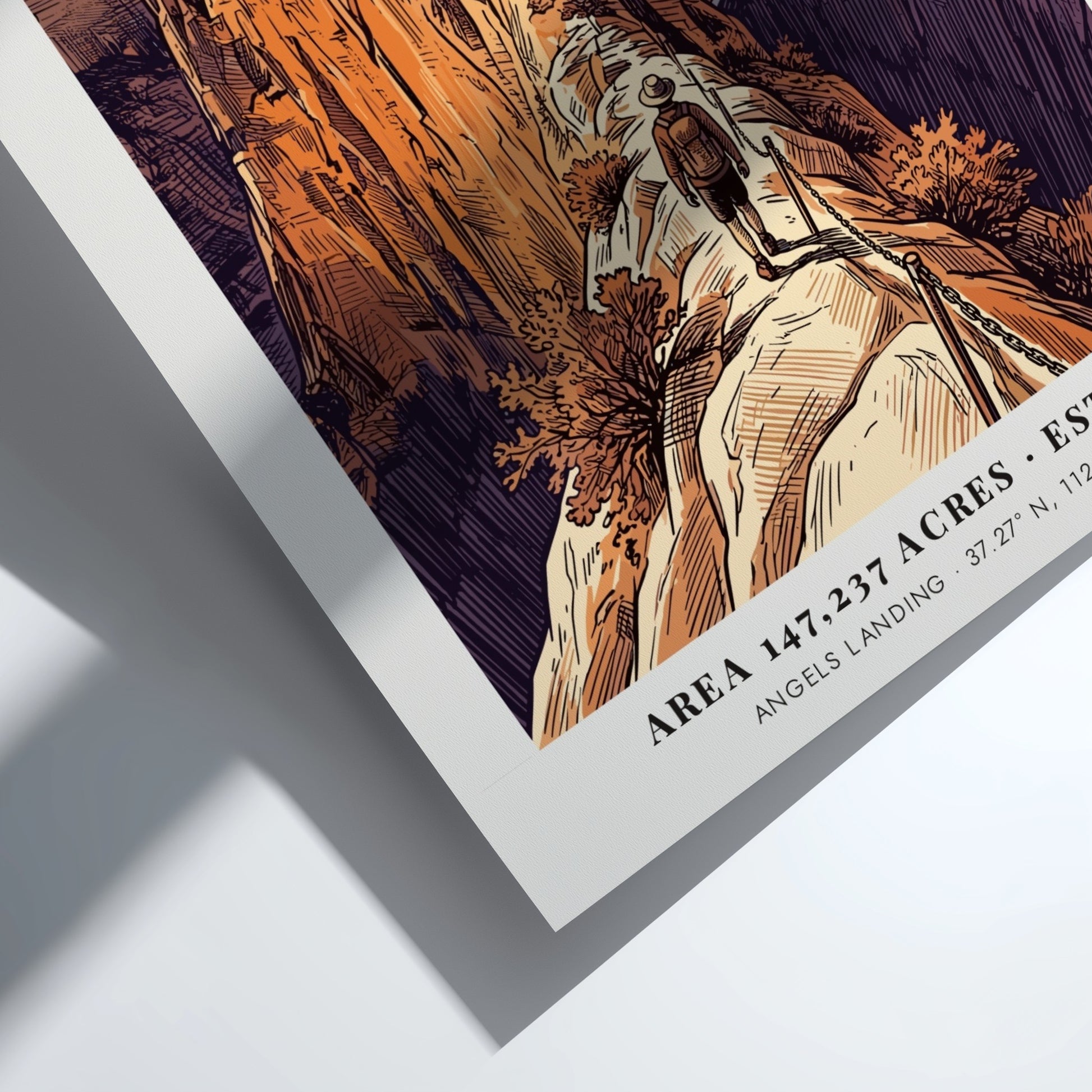Zion National Park poster showing a hiker on the steep, chained Angels Landing trail.