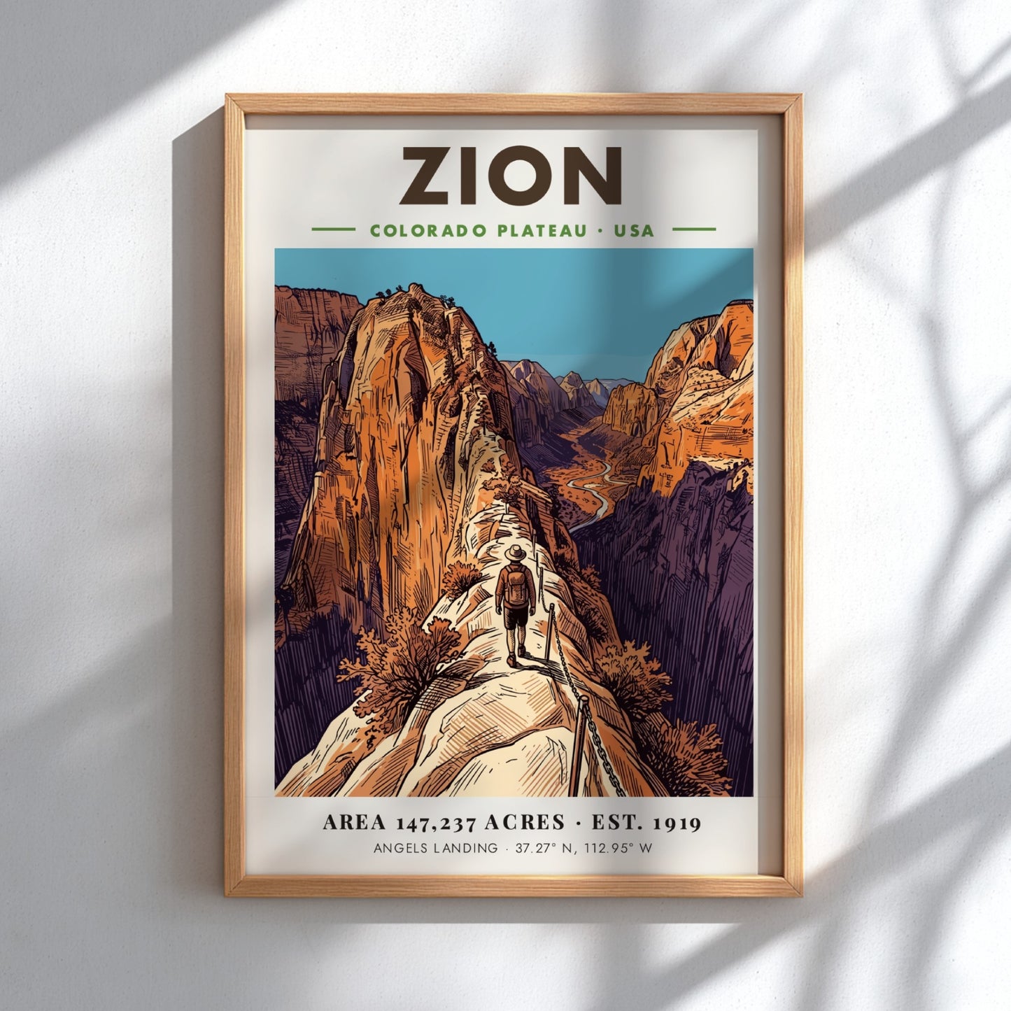 Zion National Park poster showing a hiker on the steep, chained Angels Landing trail.