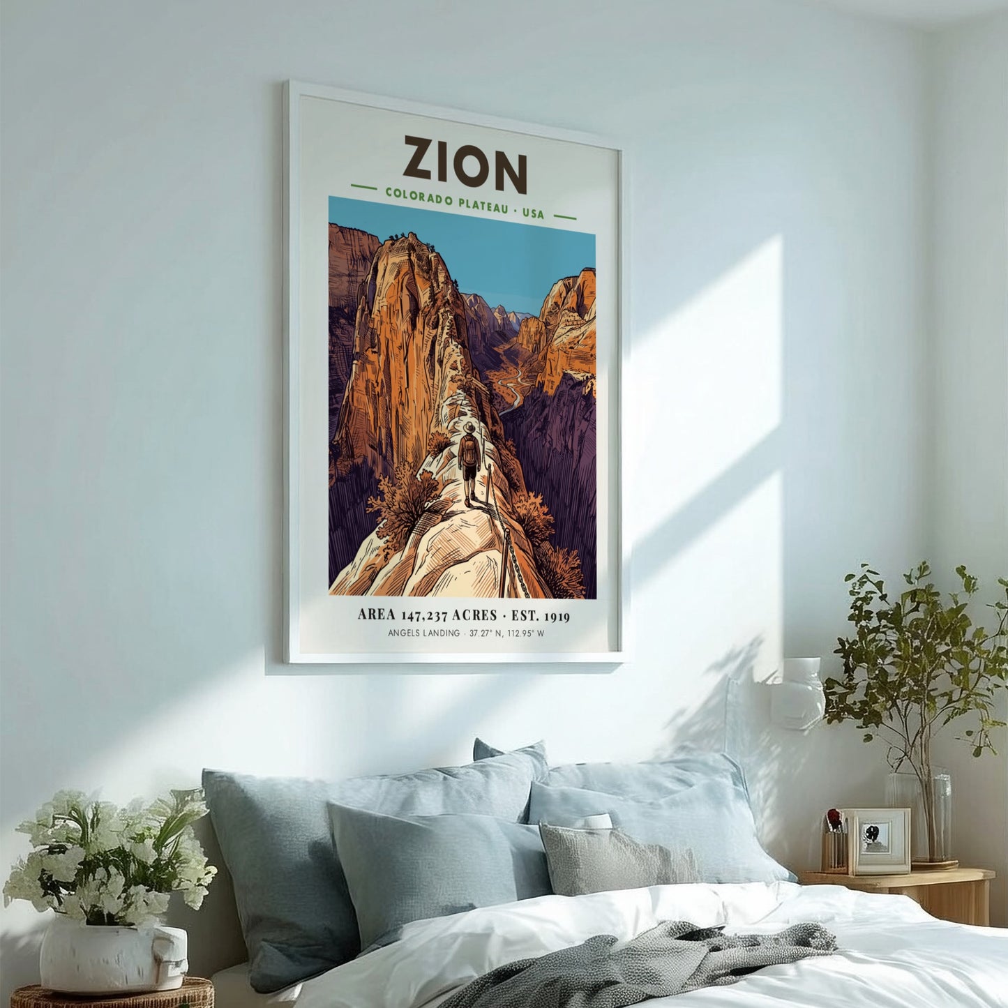 Zion National Park poster showing a hiker on the steep, chained Angels Landing trail.