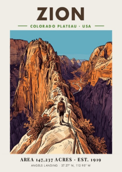 Zion National Park poster showing a hiker on the steep, chained Angels Landing trail.