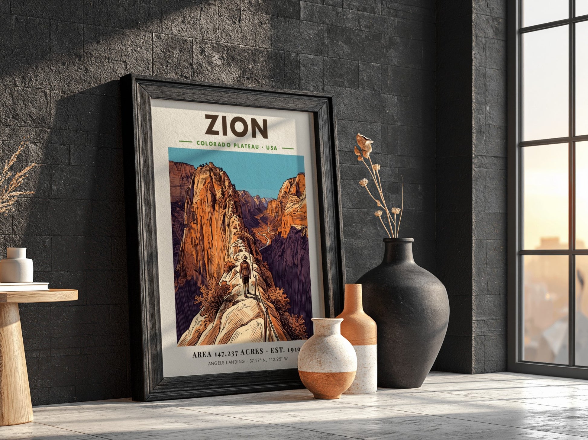 Zion National Park poster showing a hiker on the steep, chained Angels Landing trail.