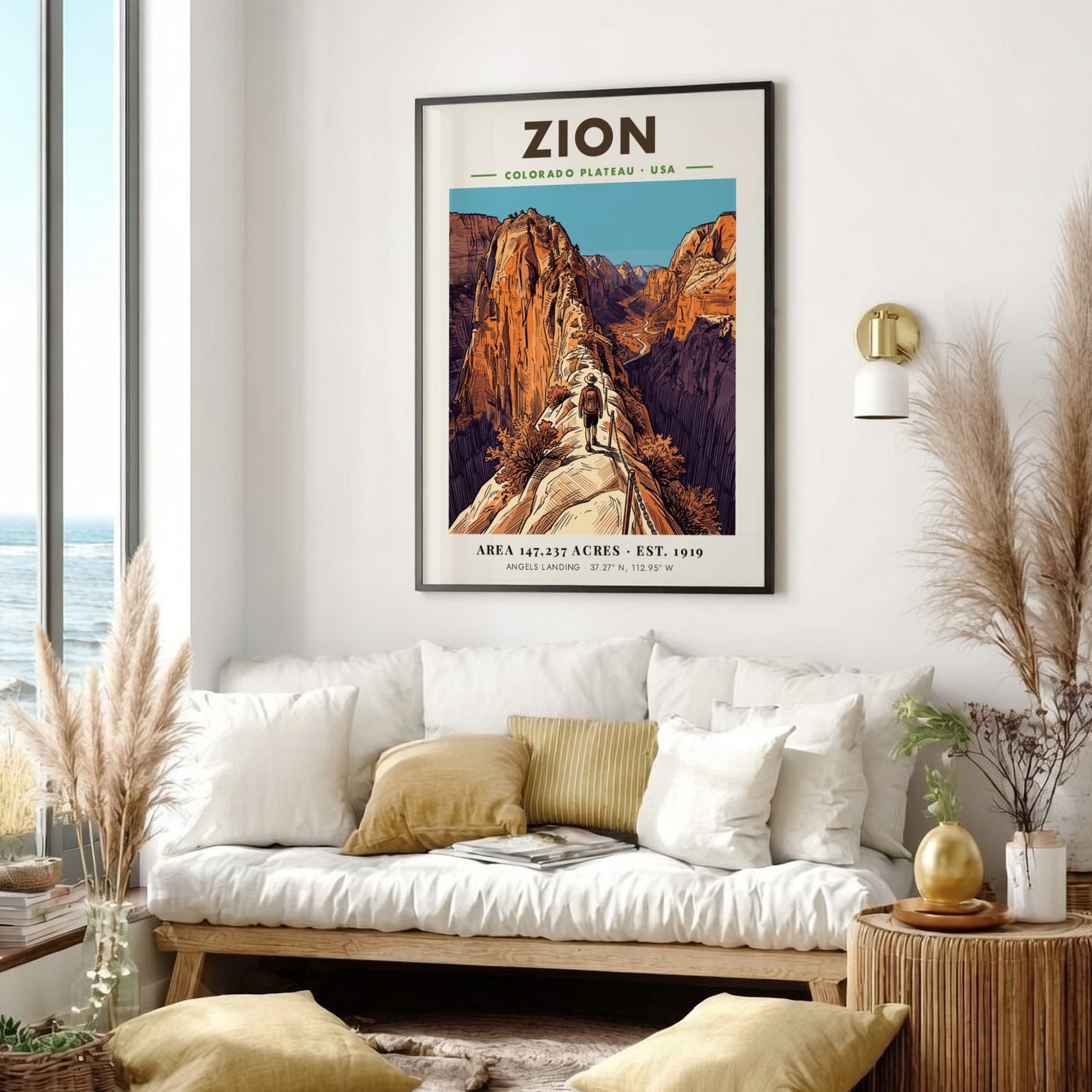 Zion National Park poster showing a hiker on the steep, chained Angels Landing trail.