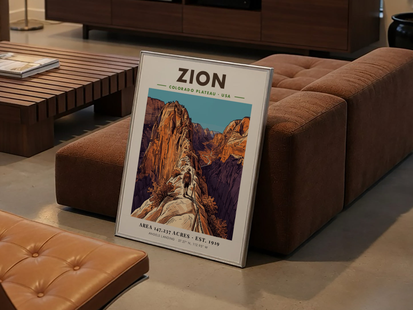 Zion National Park poster showing a hiker on the steep, chained Angels Landing trail.