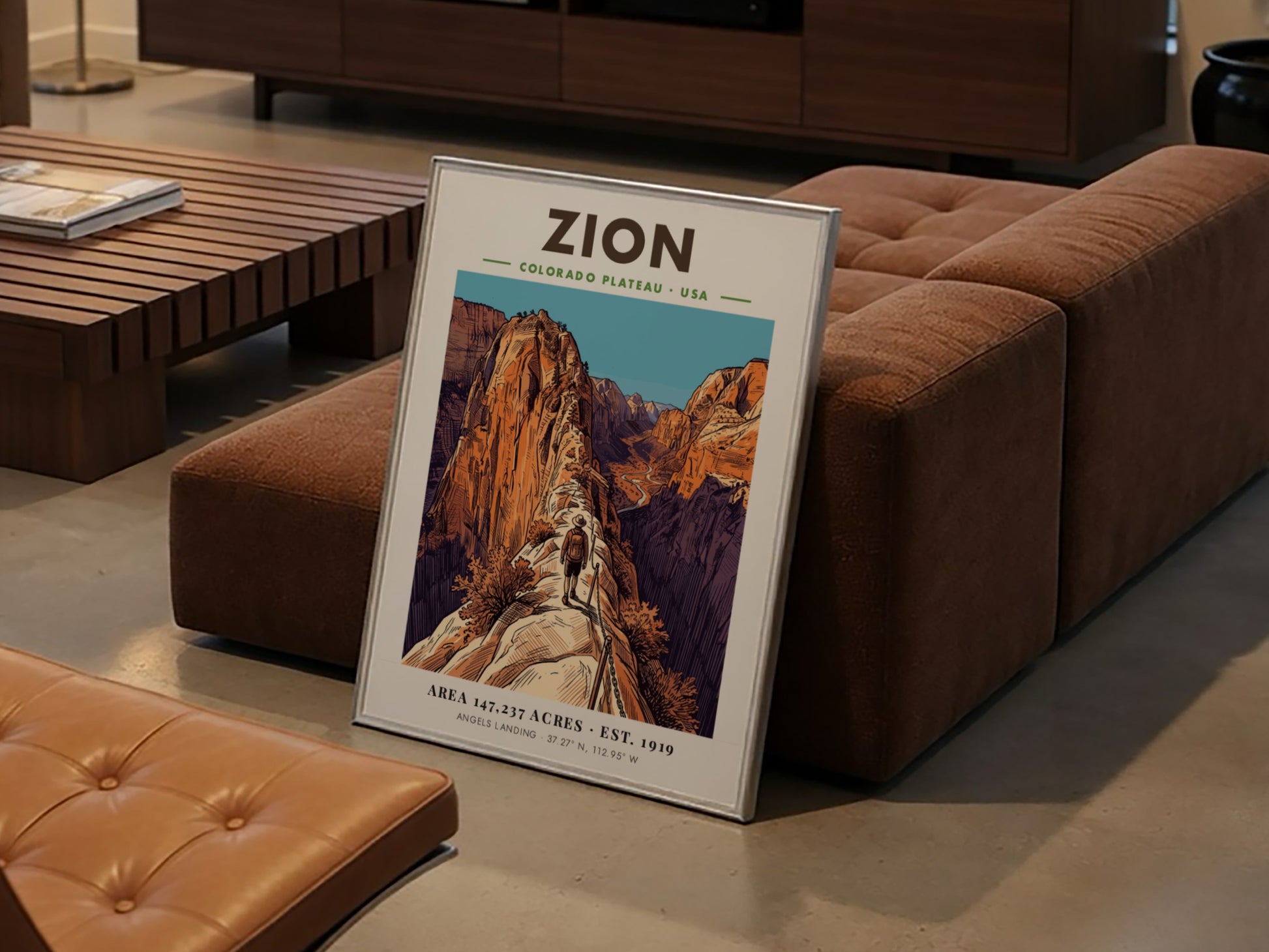 Zion National Park poster showing a hiker on the steep, chained Angels Landing trail.