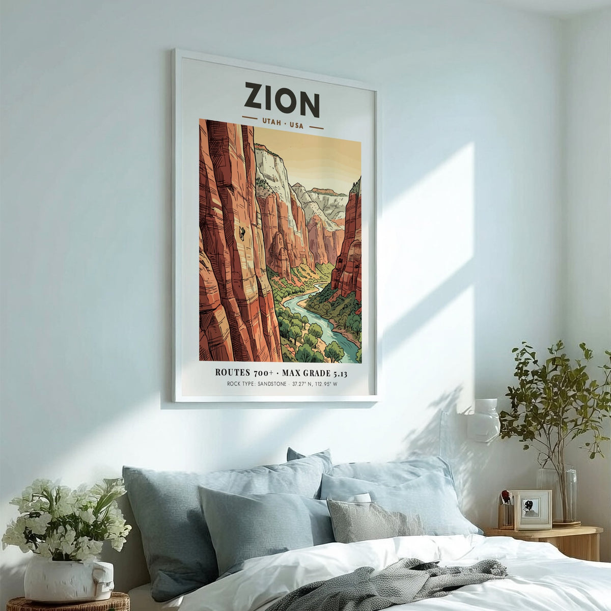 Poster of Zion National Park in Utah featuring a climber on sandstone cliffs.