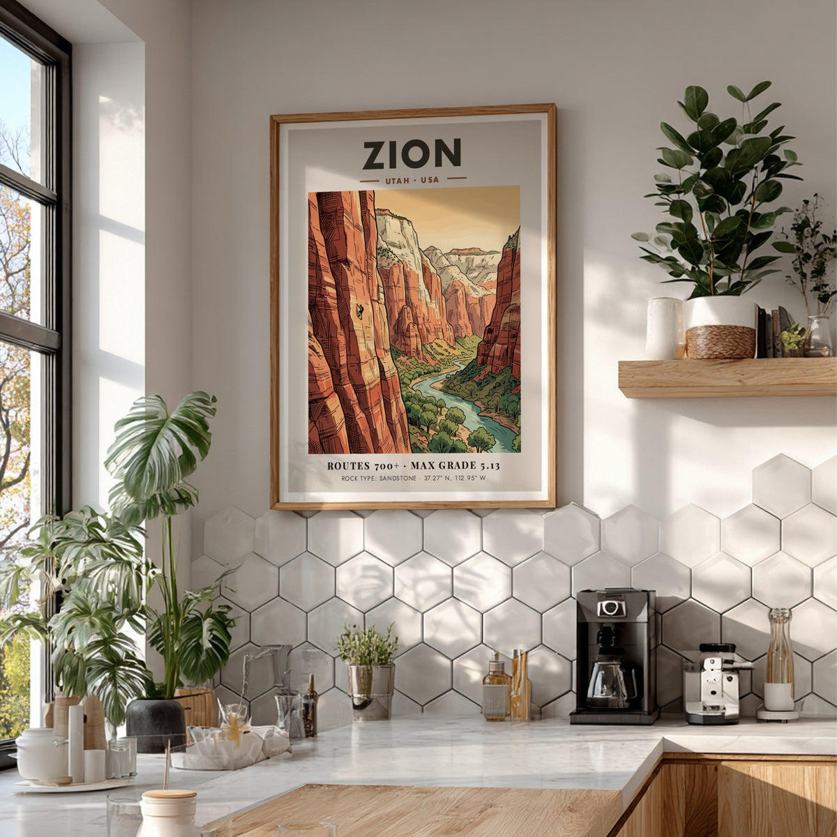 Poster of Zion National Park in Utah featuring a climber on sandstone cliffs.