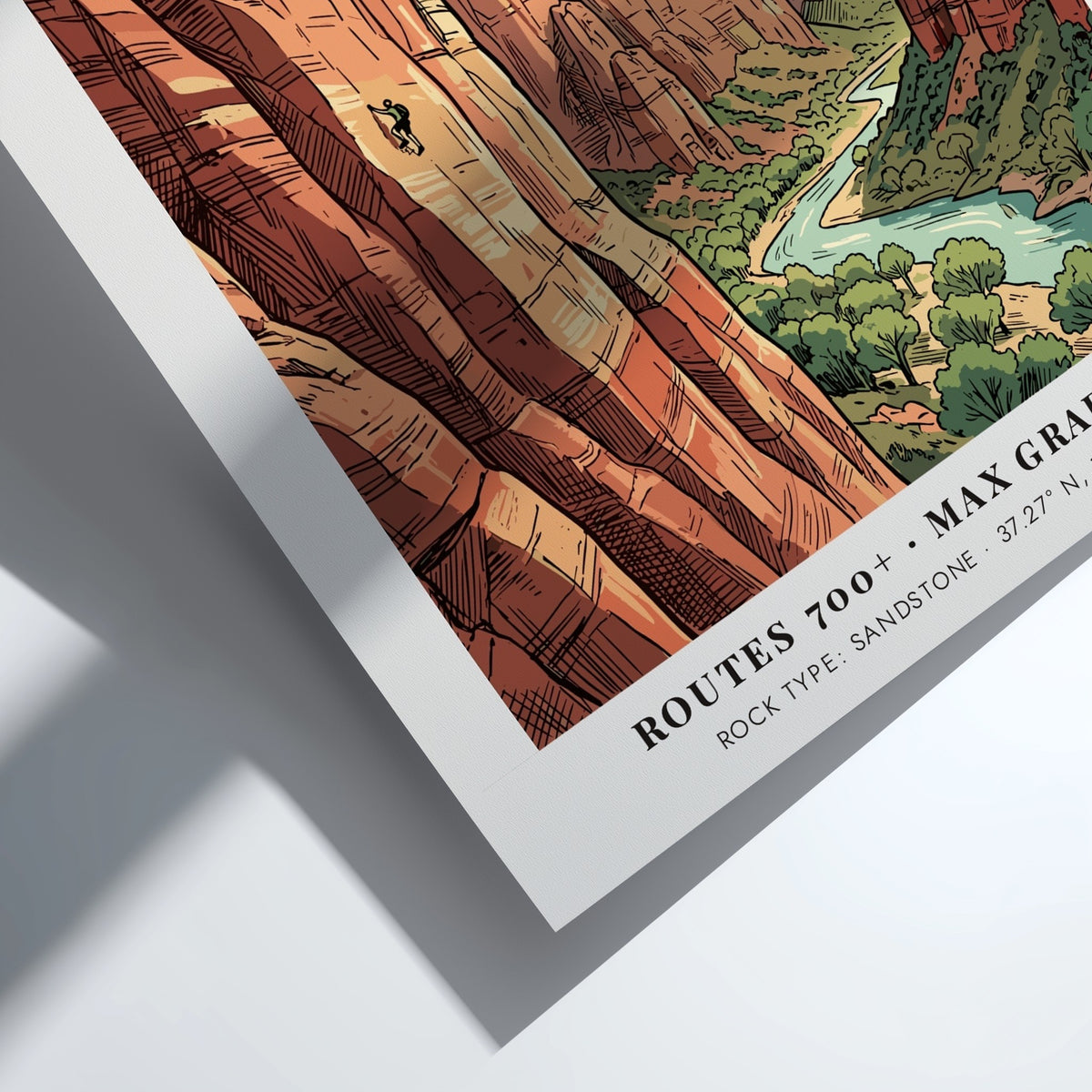 Poster of Zion National Park in Utah featuring a climber on sandstone cliffs.