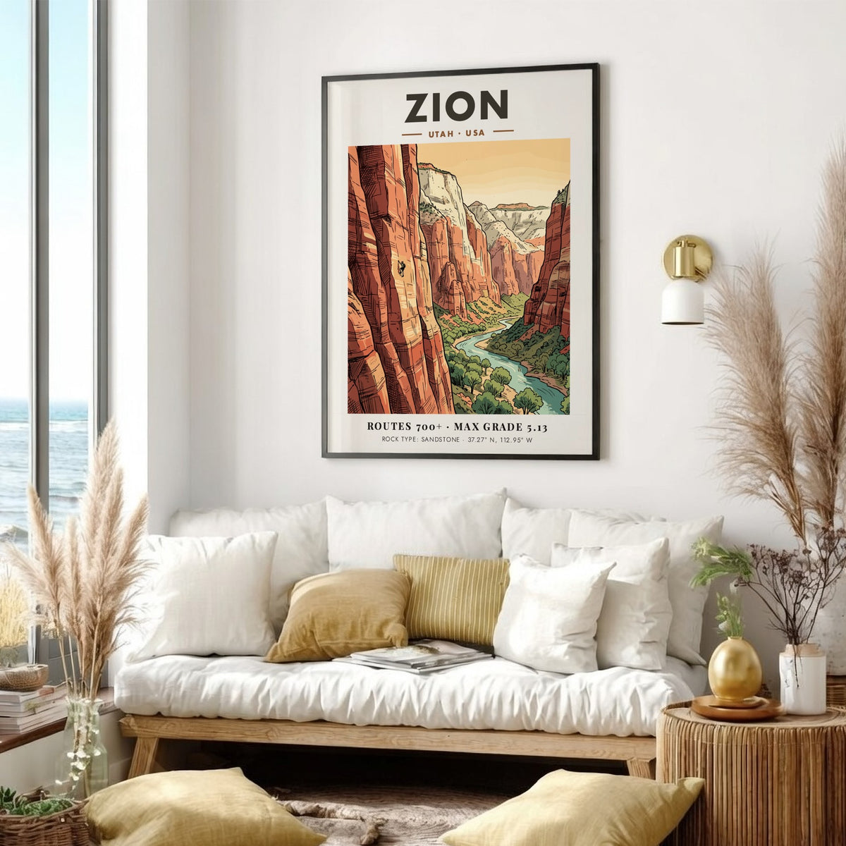 Poster of Zion National Park in Utah featuring a climber on sandstone cliffs.
