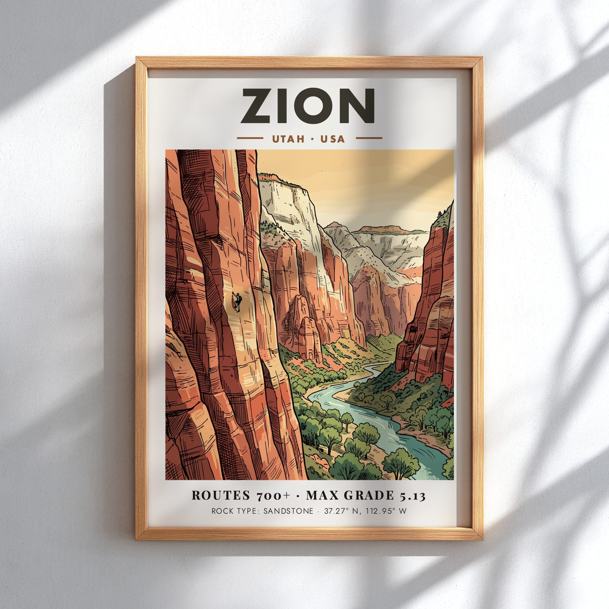 Poster of Zion National Park in Utah featuring a climber on sandstone cliffs.