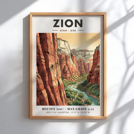 Poster of Zion National Park in Utah featuring a climber on sandstone cliffs.