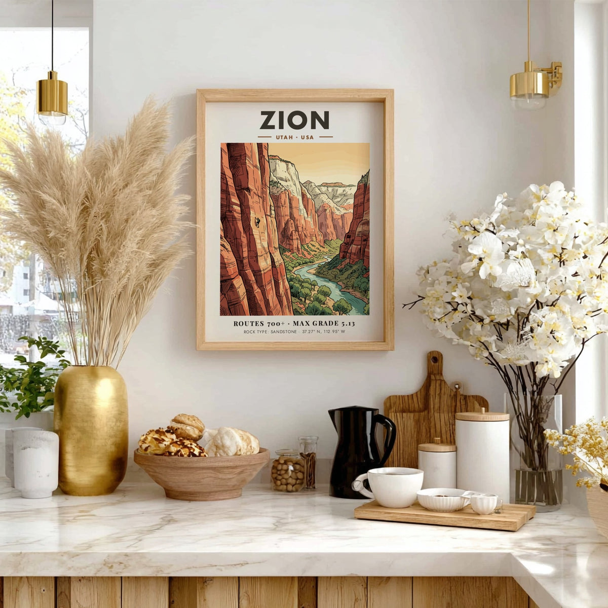 Poster of Zion National Park in Utah featuring a climber on sandstone cliffs.